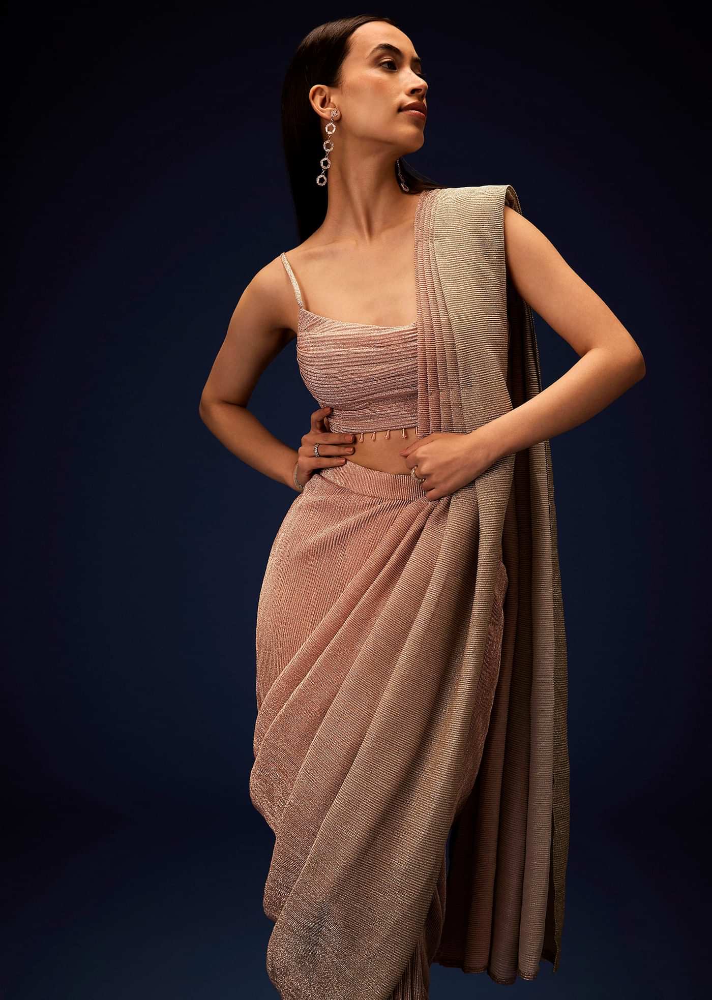 Champagne Ombre Ready To Wear Saree With Pleated Saree