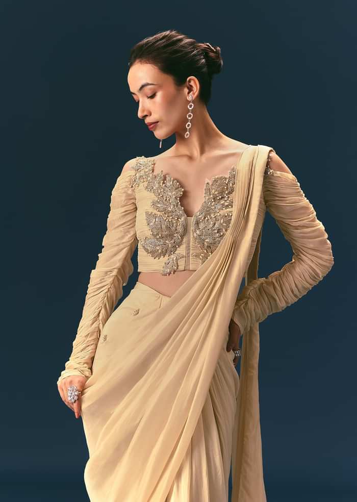 Champagne Peach Embroidered Readymade Saree With 3D Applique Blouse