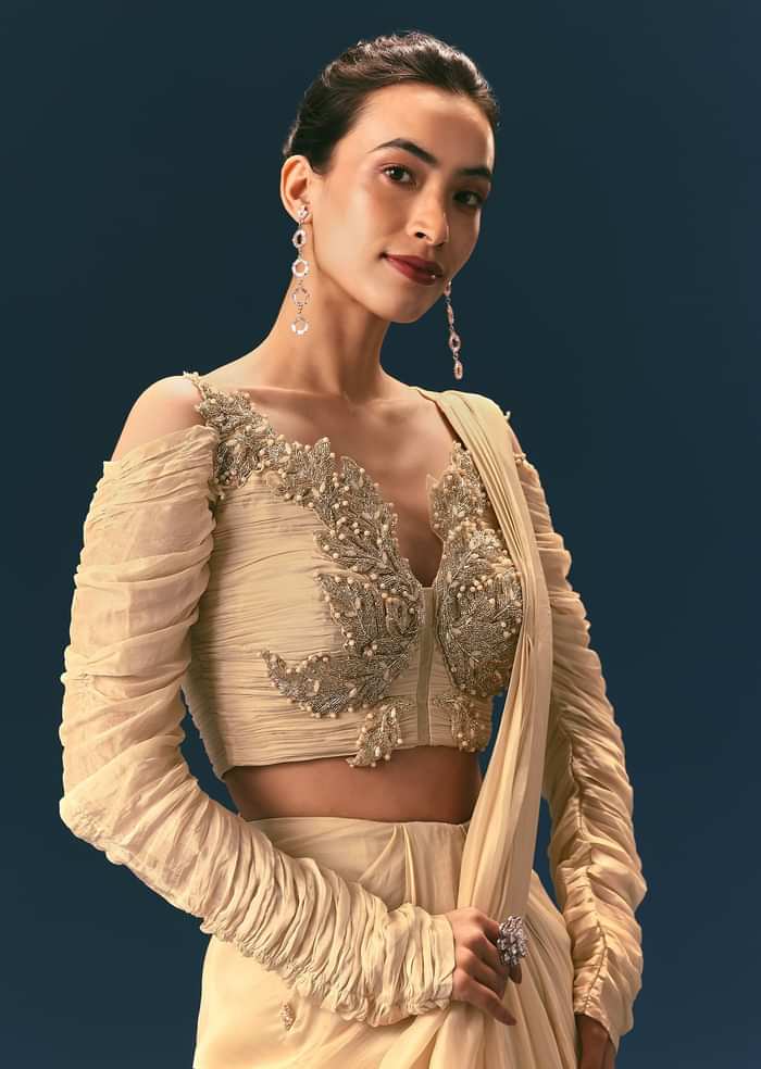 Champagne Peach Embroidered Readymade Saree With 3D Applique Blouse