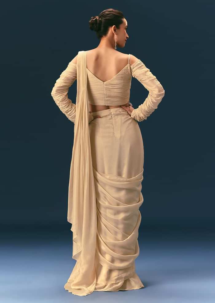 Champagne Peach Embroidered Readymade Saree With 3D Applique Blouse