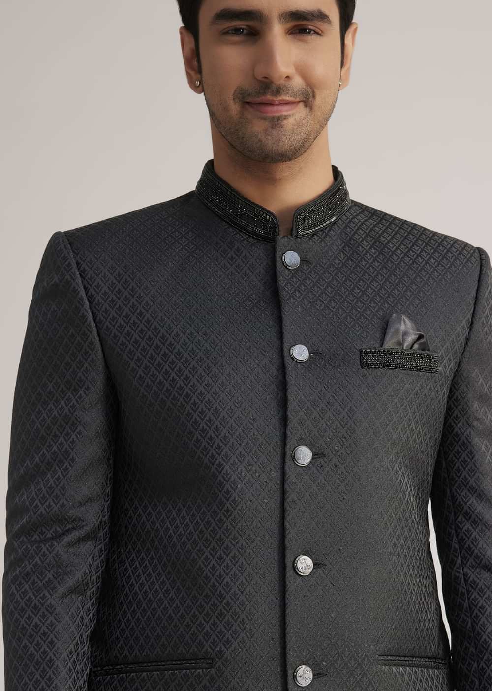 Black Jodhpuri Suit With Embellished Collar