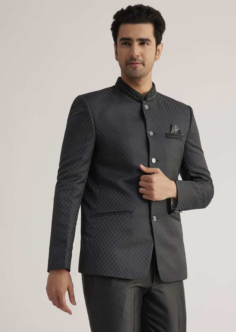 Black Jodhpuri Suit With Embellished Collar