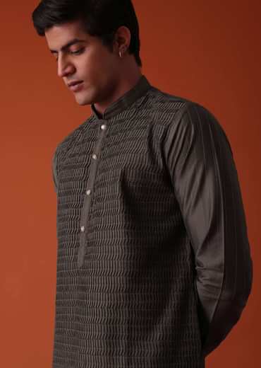 Charcoal Grey Kurta Set In Art Silk With Heavy Pleating