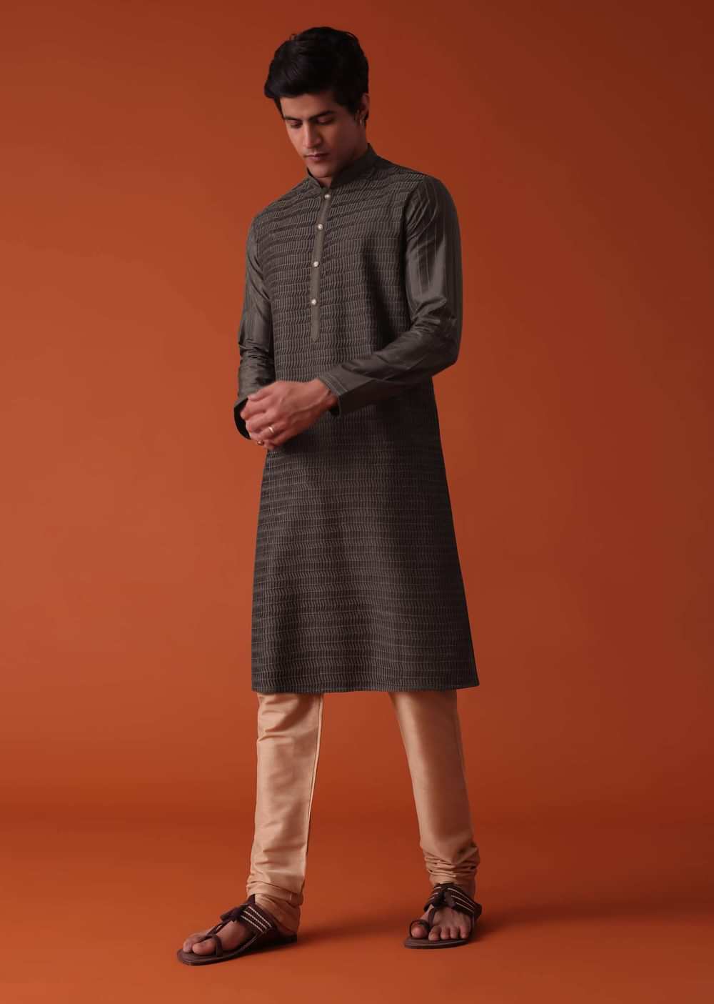 Charcoal Grey Kurta Set In Art Silk With Heavy Pleating