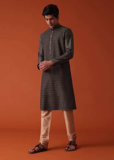 Charcoal Grey Kurta Set In Art Silk With Heavy Pleating