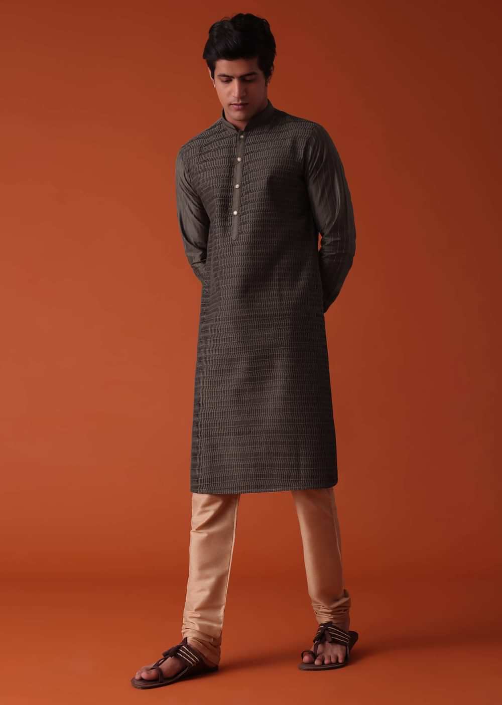 Charcoal Grey Kurta Set In Art Silk With Heavy Pleating