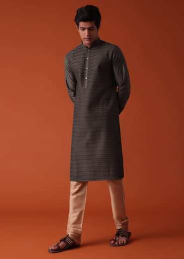 Charcoal Grey Kurta Set In Art Silk With Heavy Pleating