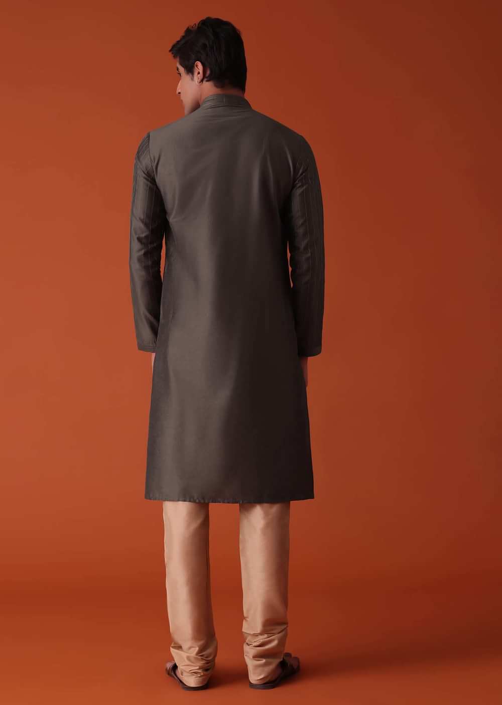 Charcoal Grey Kurta Set In Art Silk With Heavy Pleating