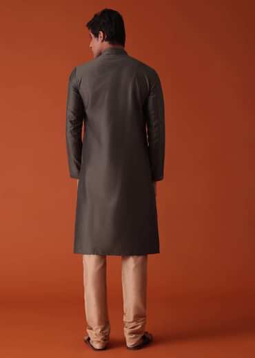 Charcoal Grey Kurta Set In Art Silk With Heavy Pleating
