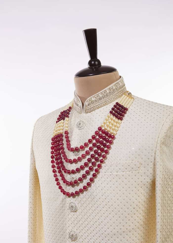 Charming Multi Layered Maroon And Ivory Toned Pearl Mala