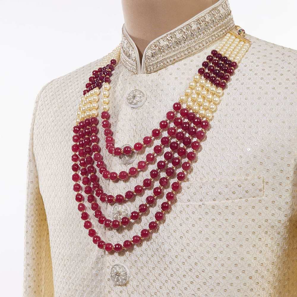 Charming Multi Layered Maroon And Ivory Toned Pearl Mala