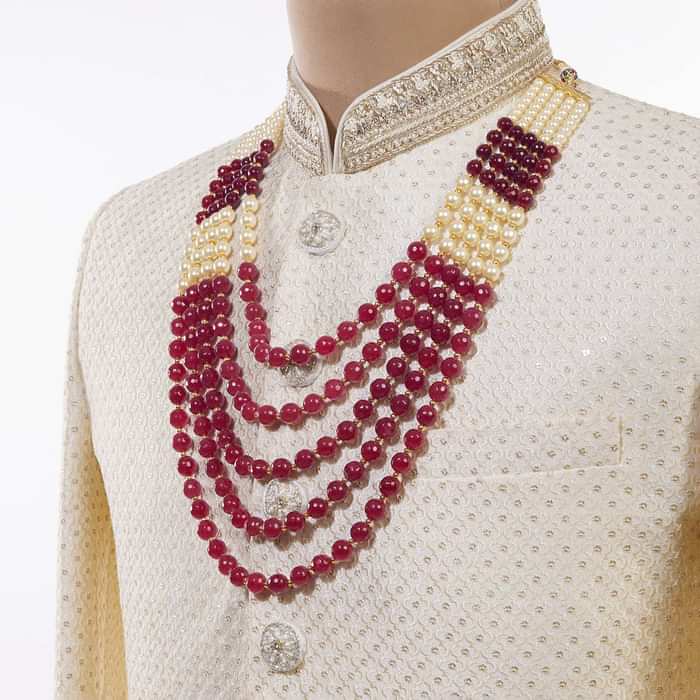 Charming Multi Layered Maroon And Ivory Toned Pearl Mala