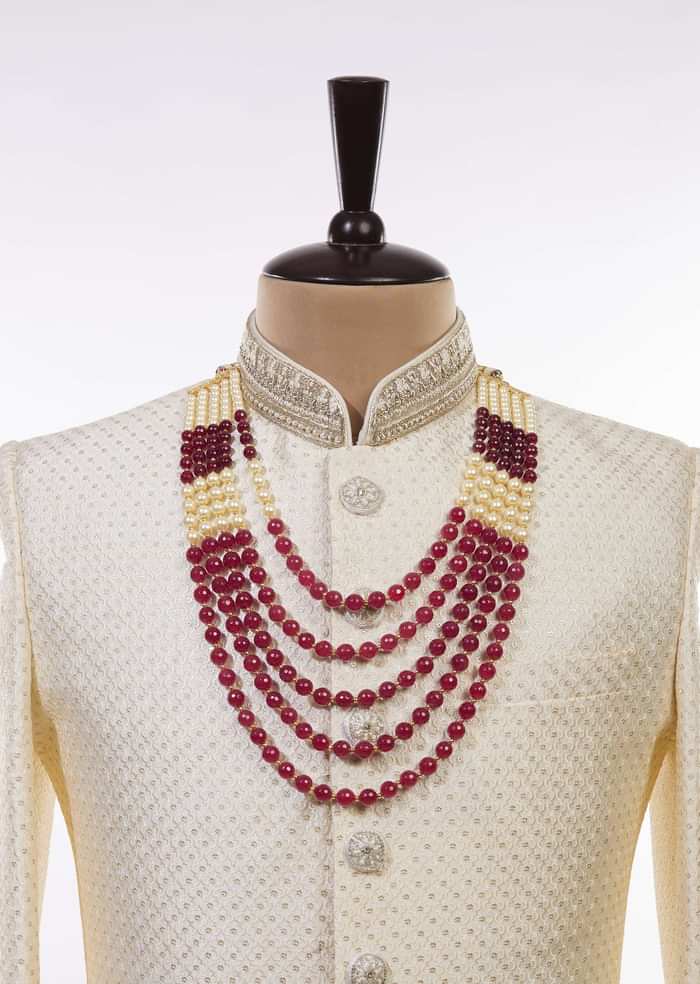 Charming Multi Layered Maroon And Ivory Toned Pearl Mala