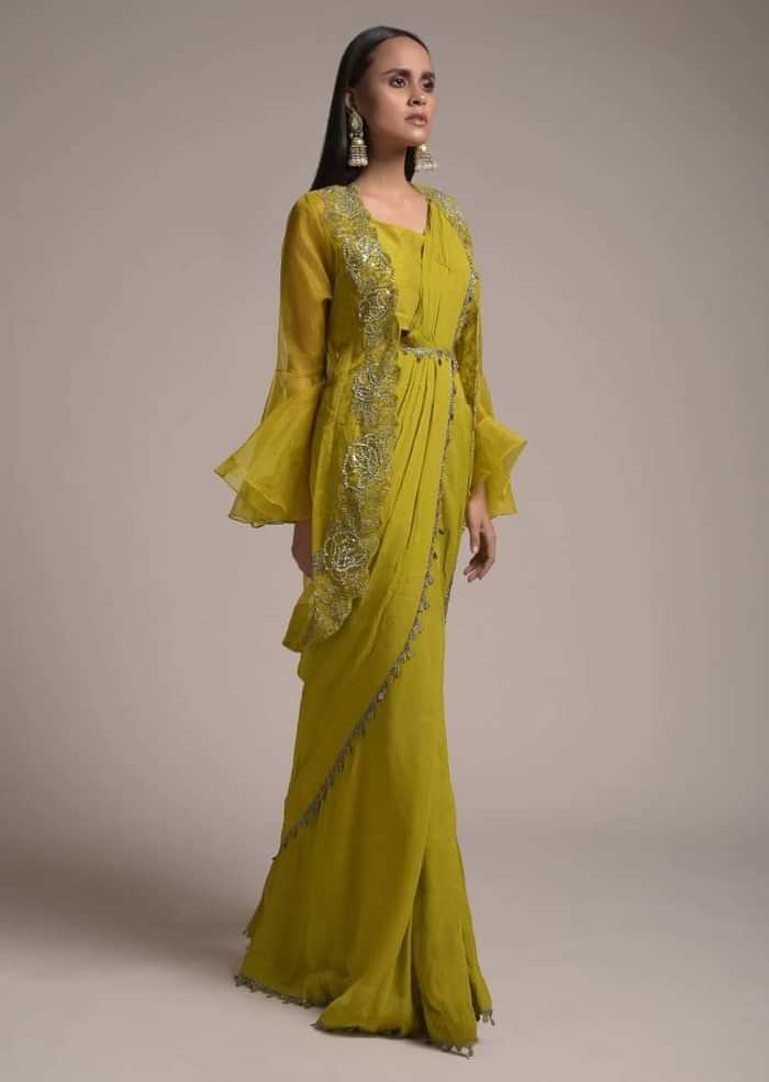 Chartreuse Green Ready Pleated Saree With Bell Sleeves Organza Jacket  Online - Kalki Fashion