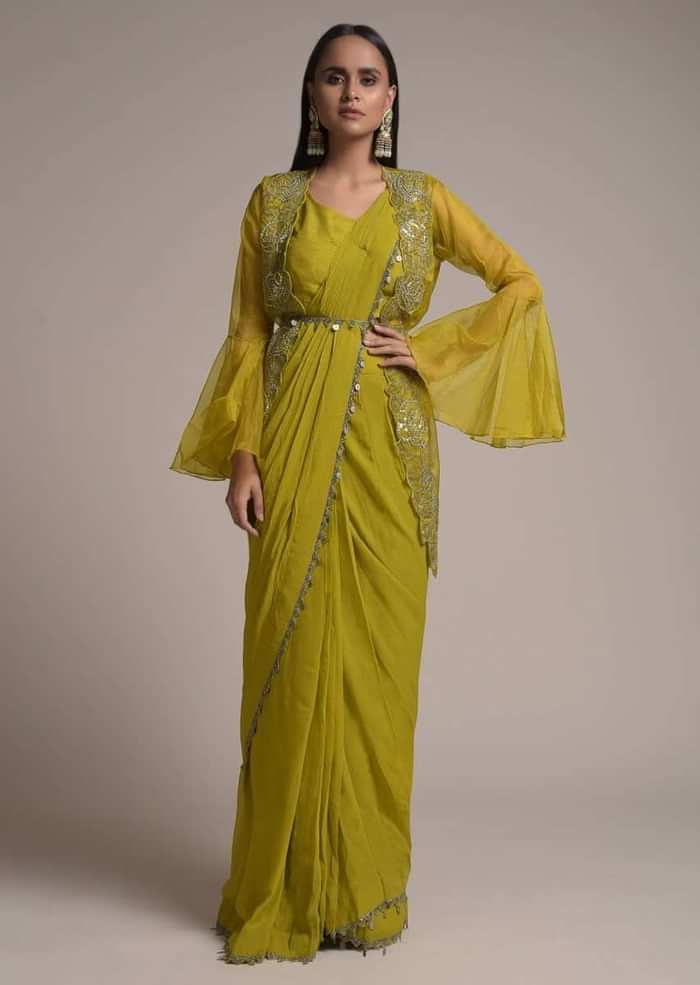 Chartreuse Green Ready Pleated Saree With Bell Sleeves Organza Jacket  Online - Kalki Fashion