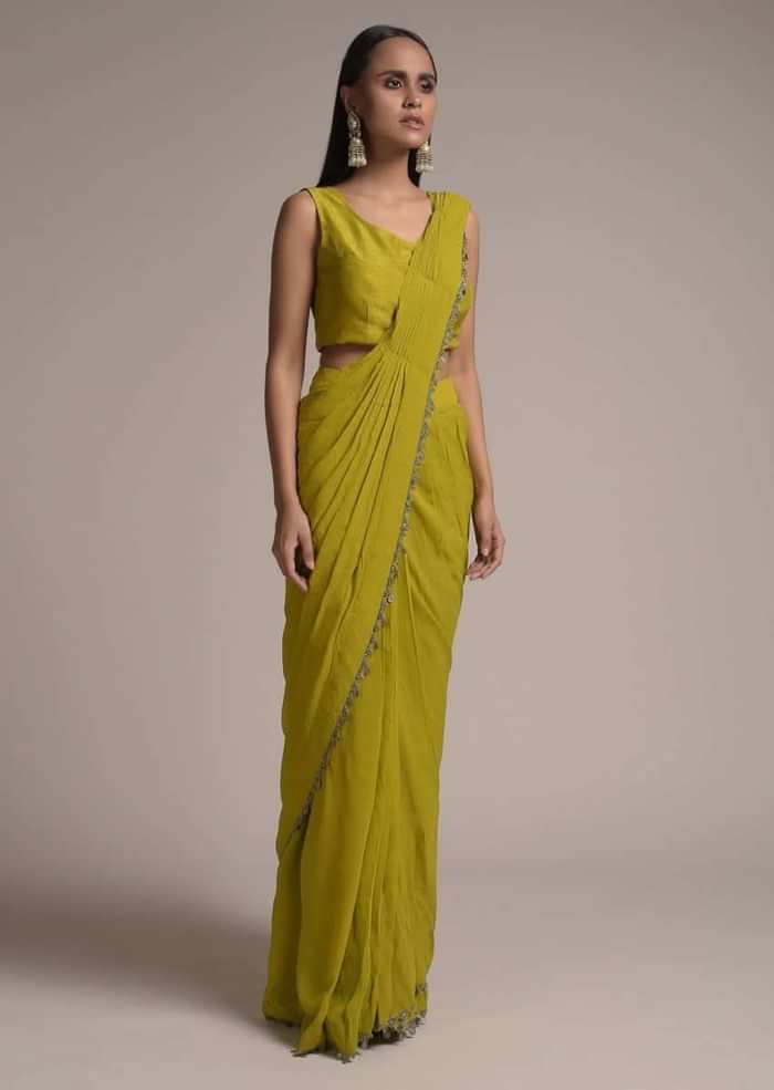 Chartreuse Green Ready Pleated Saree With Bell Sleeves Organza Jacket  Online - Kalki Fashion