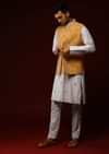 Cheddar Yellow Nehru Jacket With White Resham Embroidered Floral Jaal And Daisy White Kurta Set