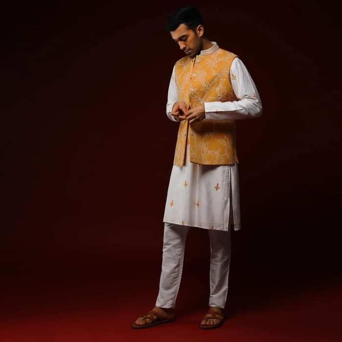 Cheddar Yellow Nehru Jacket With White Resham Embroidered Floral Jaal And Daisy White Kurta Set