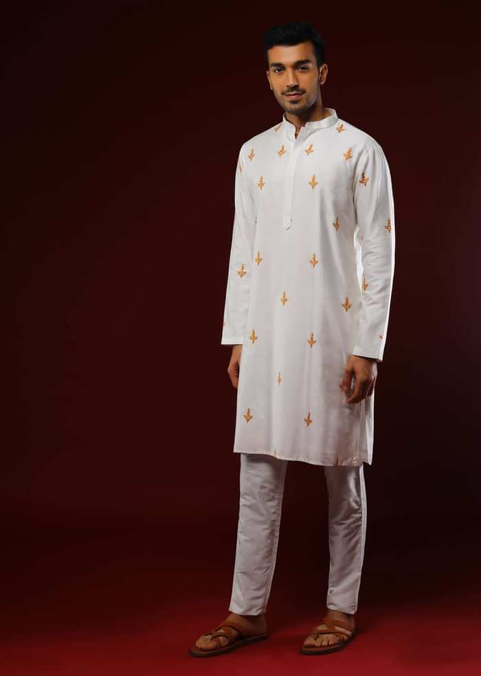 Cheddar Yellow Nehru Jacket With White Resham Embroidered Floral Jaal And Daisy White Kurta Set
