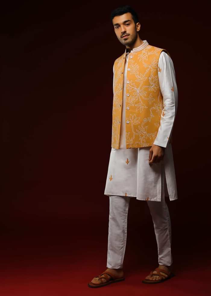 Cheddar Yellow Nehru Jacket With White Resham Embroidered Floral Jaal And Daisy White Kurta Set