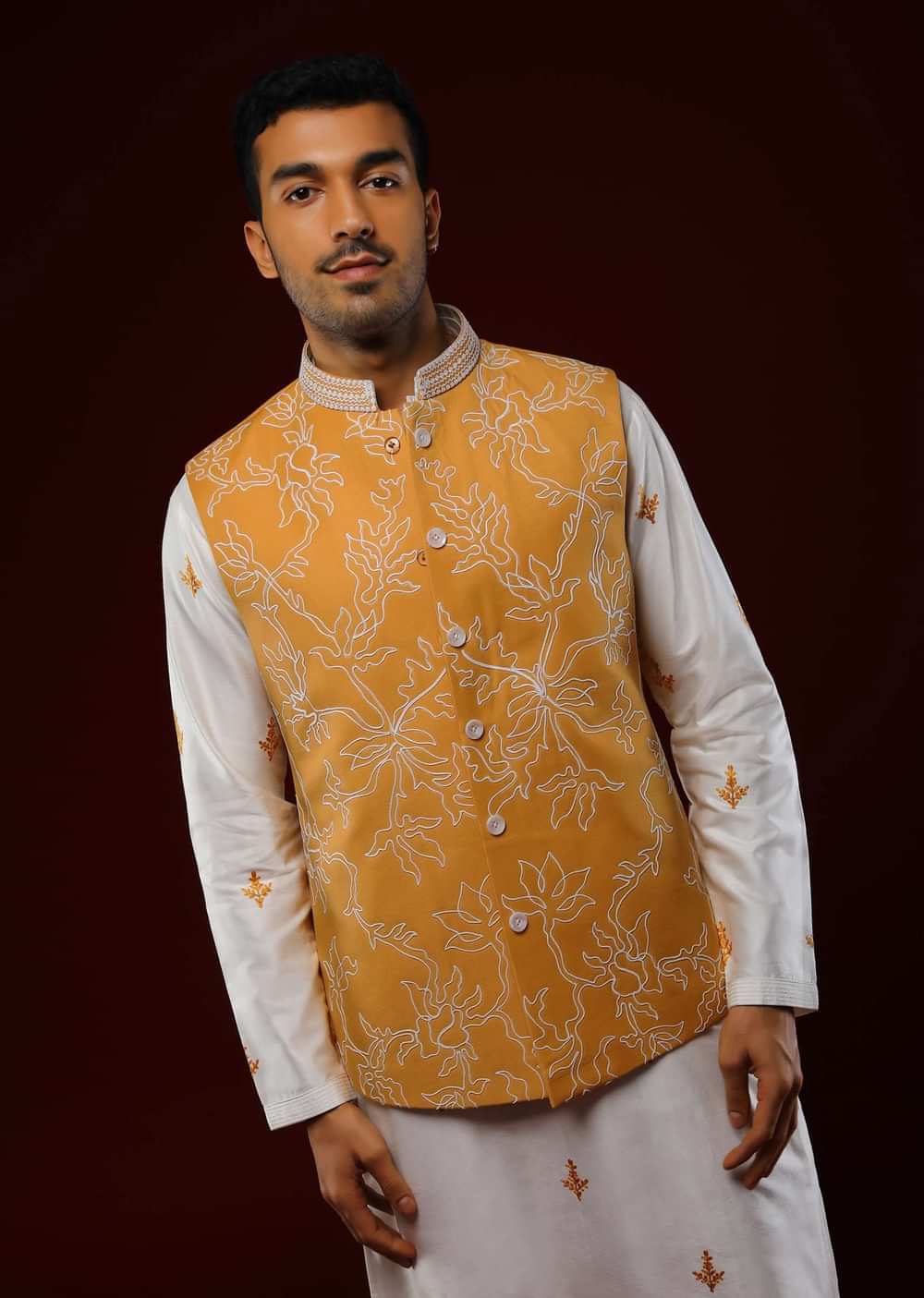 Cheddar Yellow Nehru Jacket With White Resham Embroidered Floral Jaal And Daisy White Kurta Set