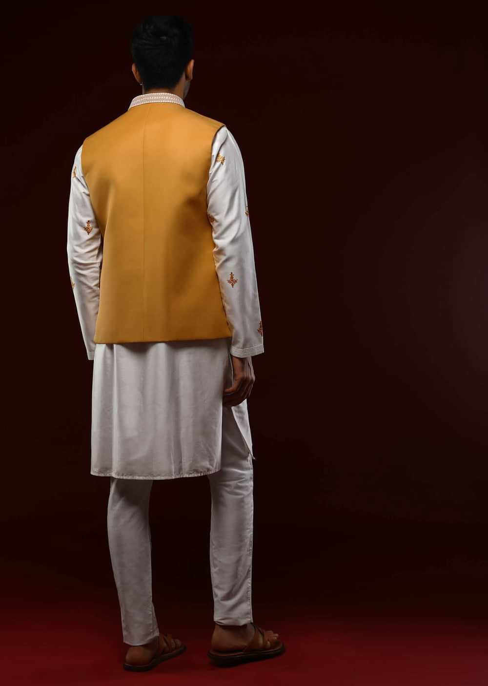 Cheddar Yellow Nehru Jacket With White Resham Embroidered Floral Jaal And Daisy White Kurta Set
