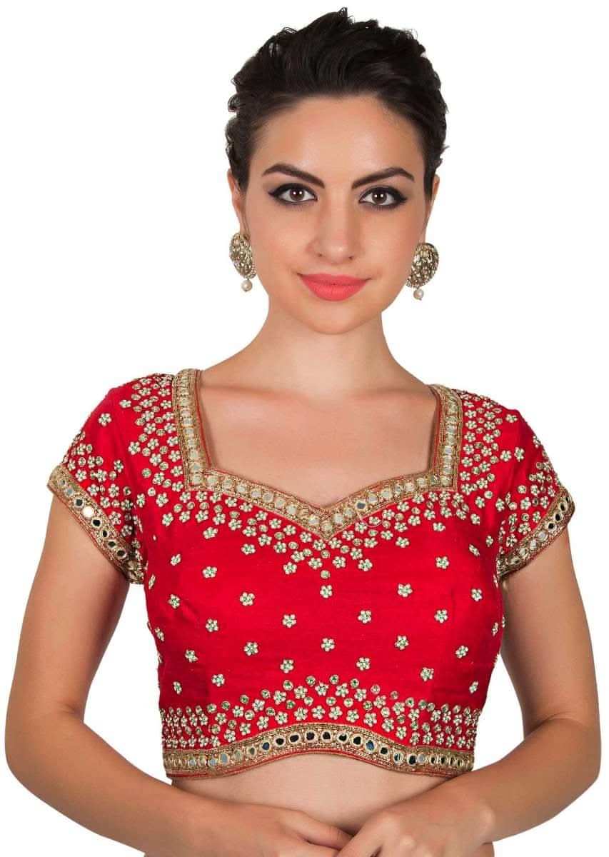 Cherry red blouse in kundan and mirror work only on Kalki - KALKI Fashion India