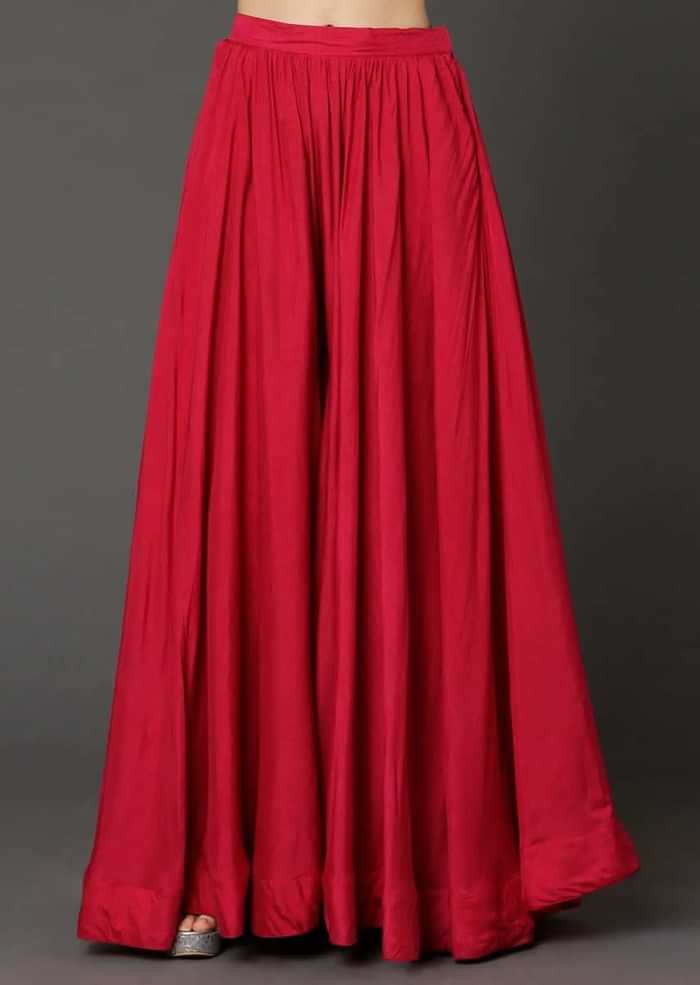Cherry Red Peplum Top And Flared Palazzo Pants With Sequins Work Online - Kalki Fashion