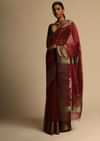 Cherry Red Saree Cotton Silk With Woven Buttis And Black Border Along With Unstitched Blouse