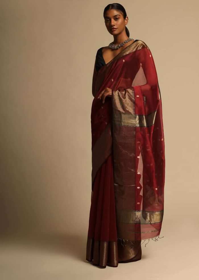 Cherry Red Saree Cotton Silk With Woven Buttis And Black Border Along With Unstitched Blouse