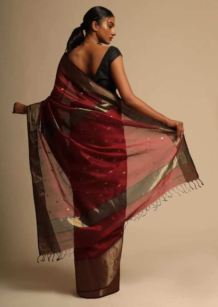 Cherry Red Saree Cotton Silk With Woven Buttis And Black Border Along With Unstitched Blouse