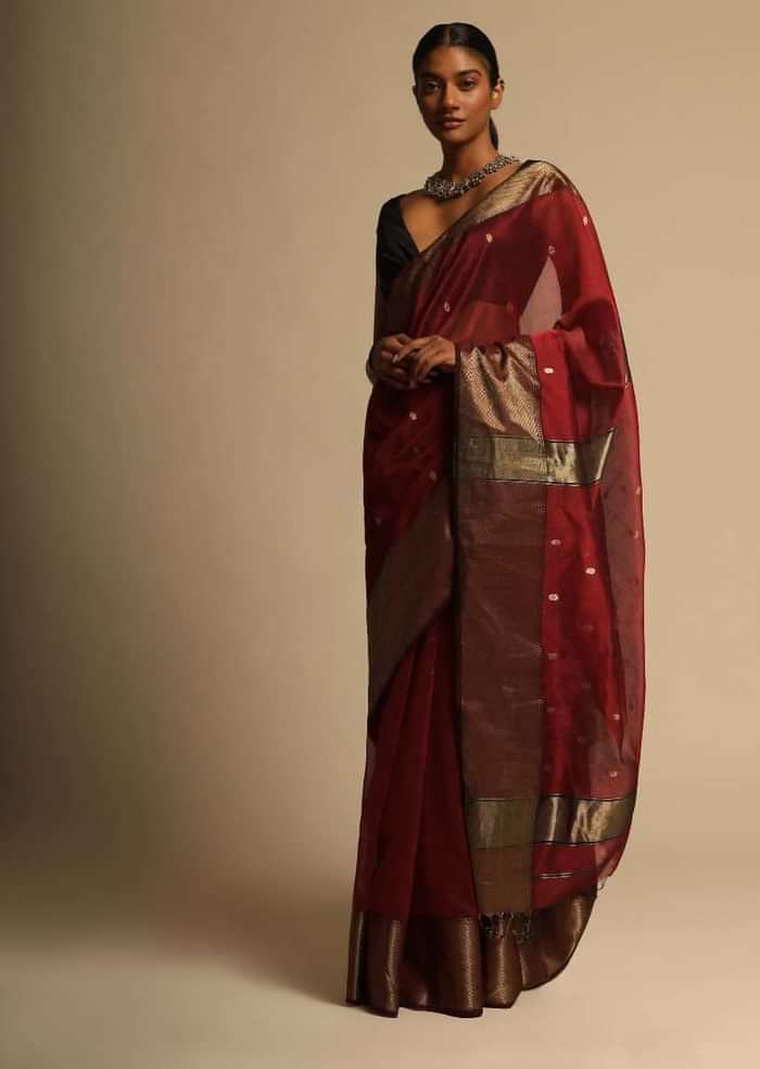 Cherry Red Saree Cotton Silk With Woven Buttis And Black Border Along With Unstitched Blouse