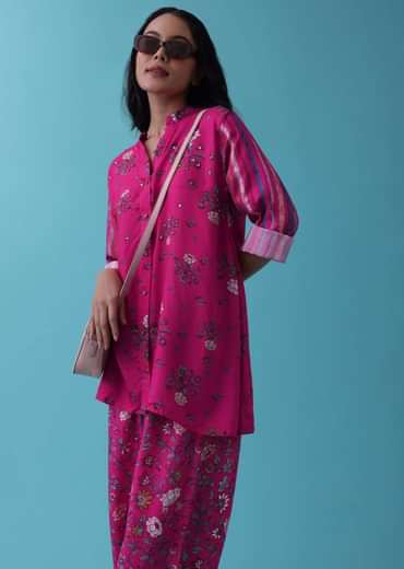 Cherry Pink Floral Printed Co-ord Palazzo Top Set In Mul Cotton With Sequins Embroidery - RE By Kalki