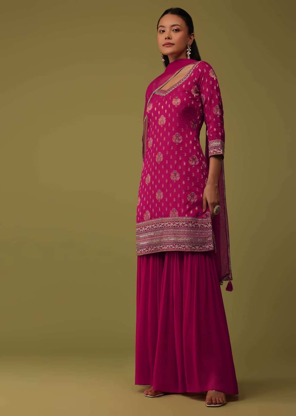 Cherry Pink Organza Kurti And Sharara Set In Brocade Weave