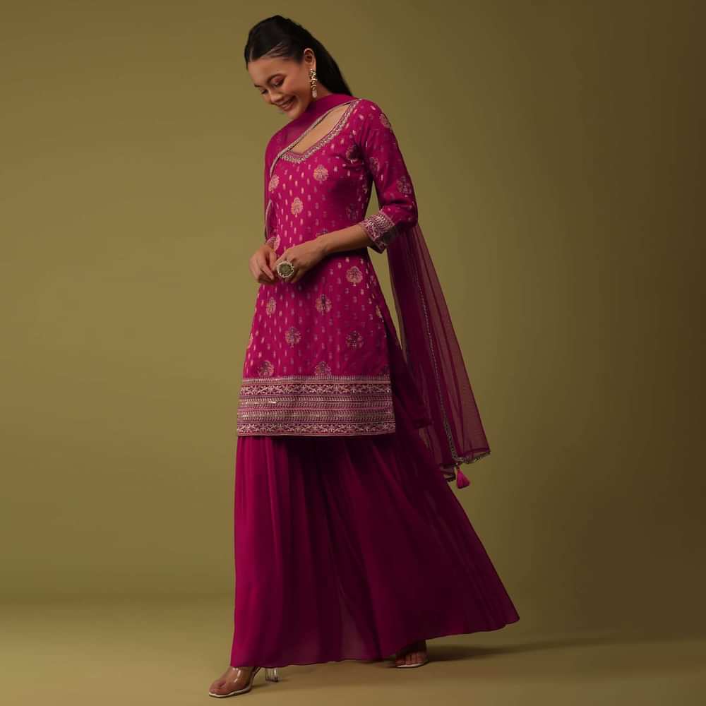 Cherry Pink Organza Kurti And Sharara Set In Brocade Weave