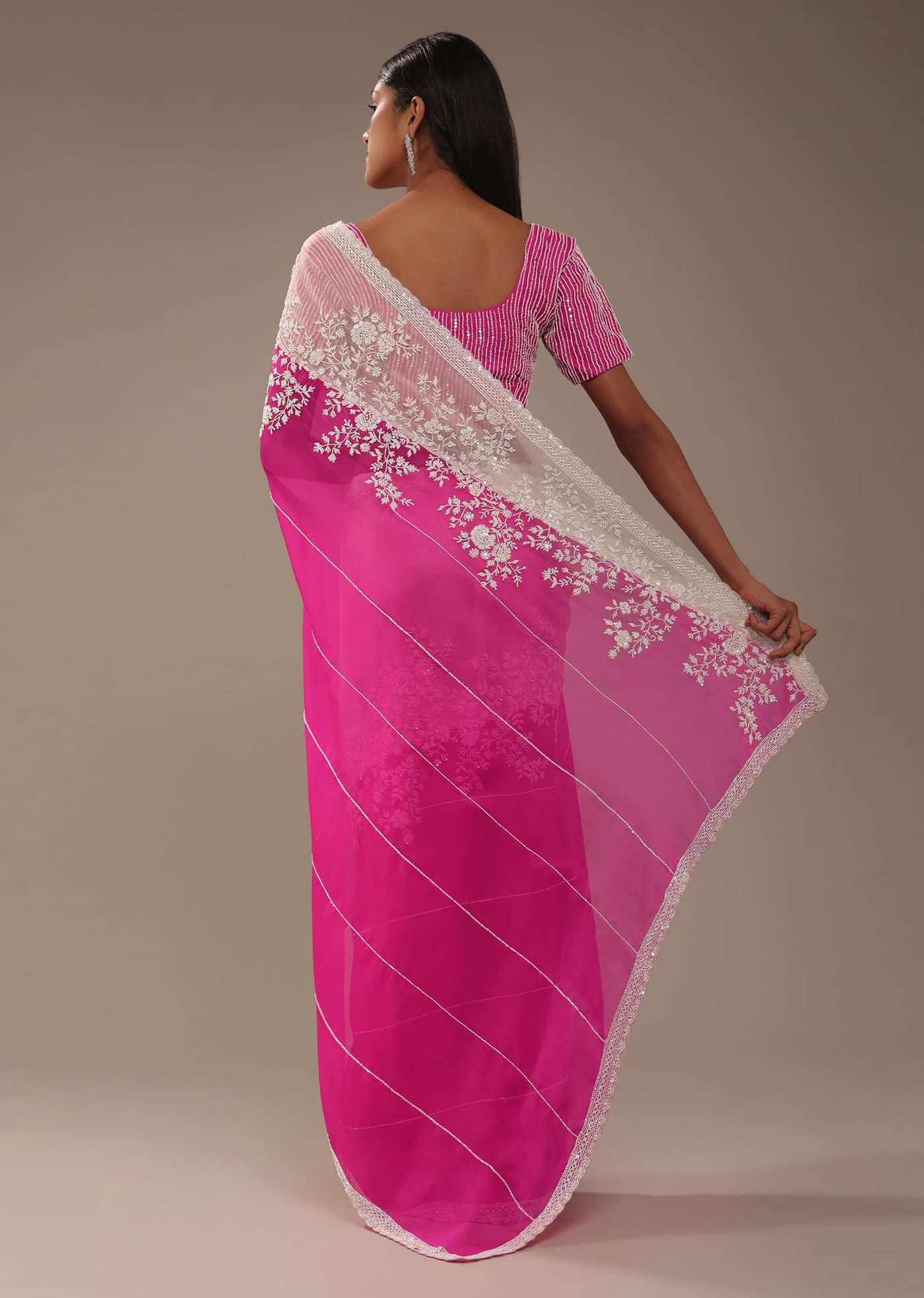 Cherry Pink Organza Saree With Beads And Cut Dana Embroiderey