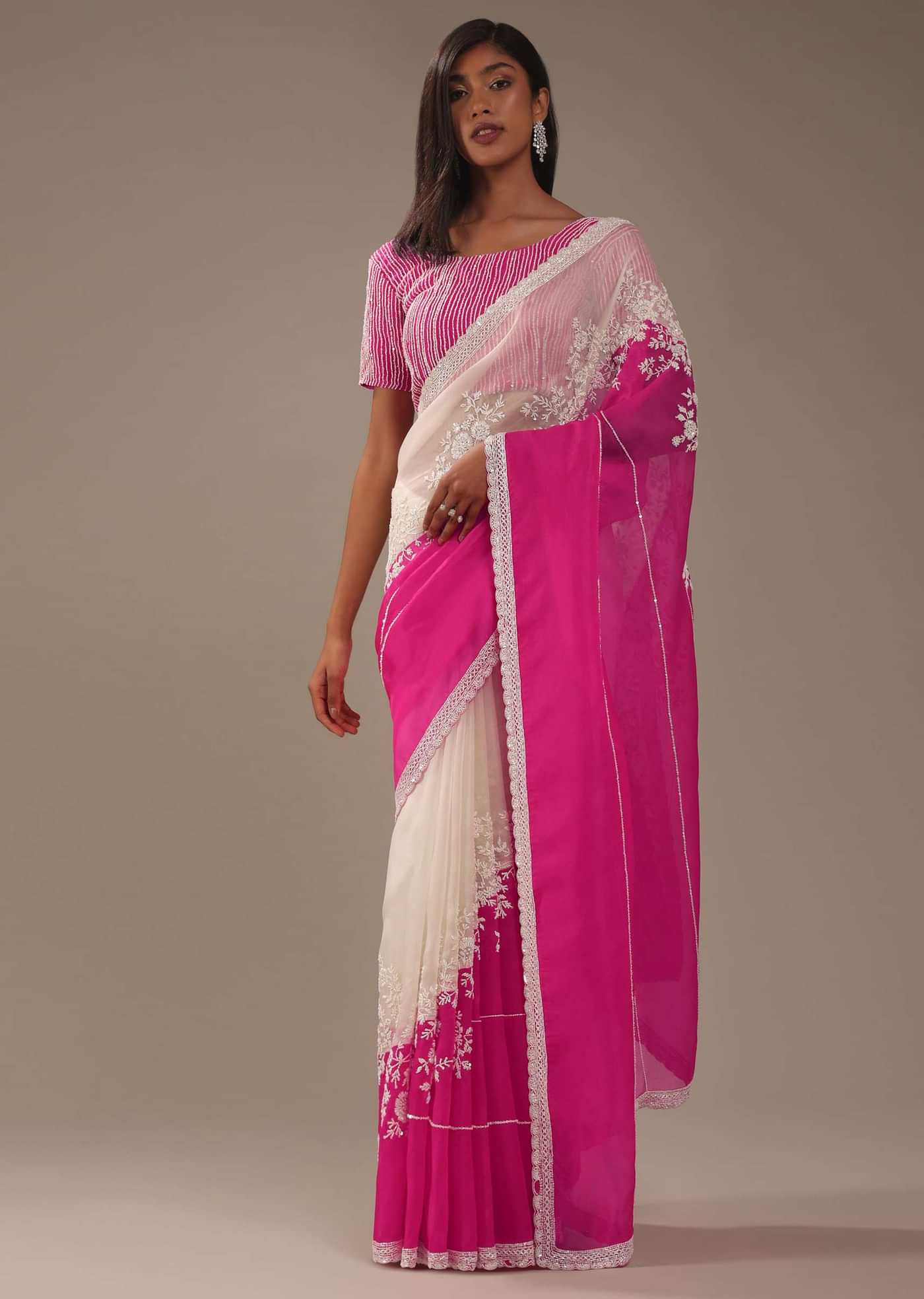 Cherry Pink Organza Saree With Beads And Cut Dana Embroiderey