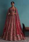 Cherry Red 14 Kali Embroidered Bridal Lehenga In Raw Silk With Two Dupattas