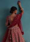 Cherry Red 14 Kali Embroidered Bridal Lehenga In Raw Silk With Two Dupattas