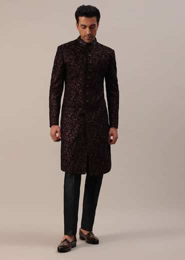Cherry Red Embroidered Sherwani Set In Velvet