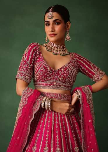 Cherry Red Hand Embroidered Raw Silk Lehenga Set With Dupatta