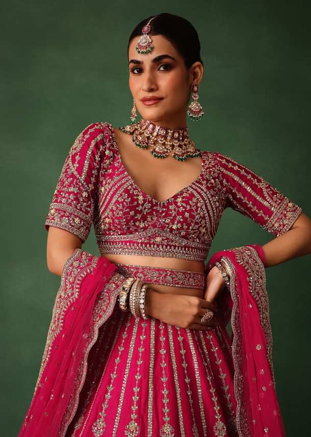 Cherry Red Hand Embroidered Raw Silk Lehenga Set With Dupatta