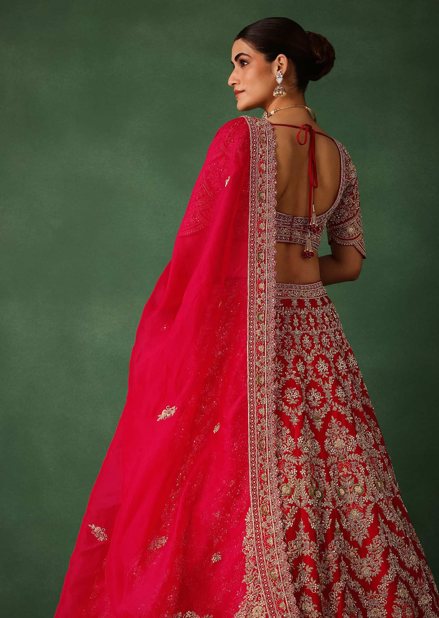 Cherry Red Hand Embroidered Raw Silk Lehenga Set With Net Dupatta
