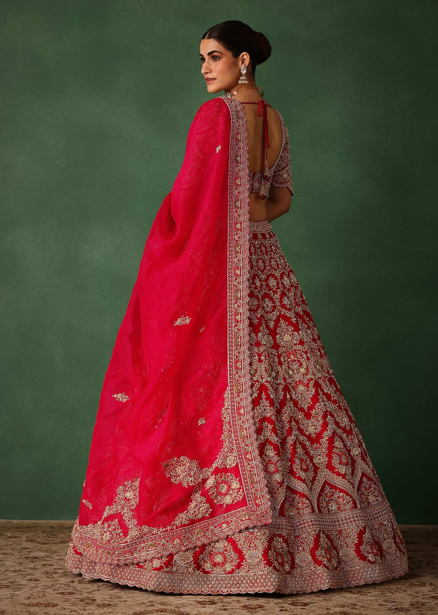Cherry Red Hand Embroidered Raw Silk Lehenga Set With Net Dupatta