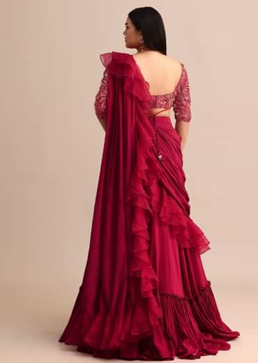 Cherry Red Lehenga With Ruffle Drape