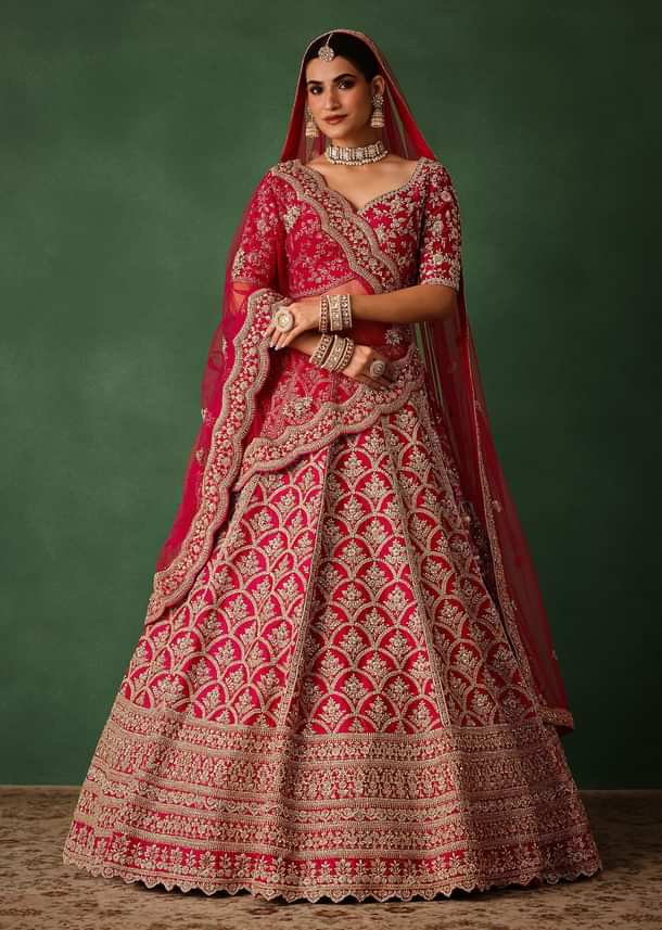 Cherry Red Raw Silk Hand Embroidered Lehenga Set With Net Dupatta
