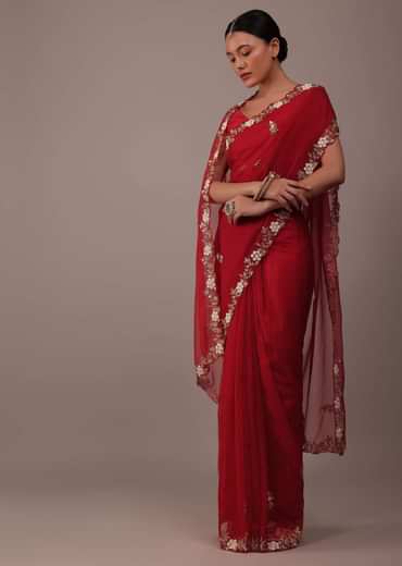 Cherry Red Saree In Organza With Cut Dana And Moti Embroidery