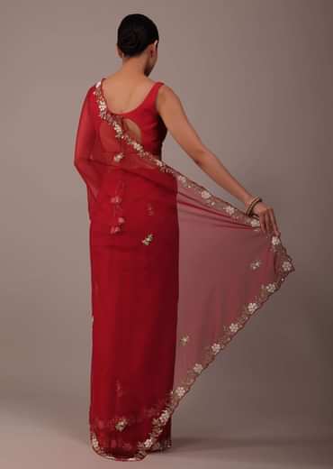 Cherry Red Saree In Organza With Cut Dana And Moti Embroidery