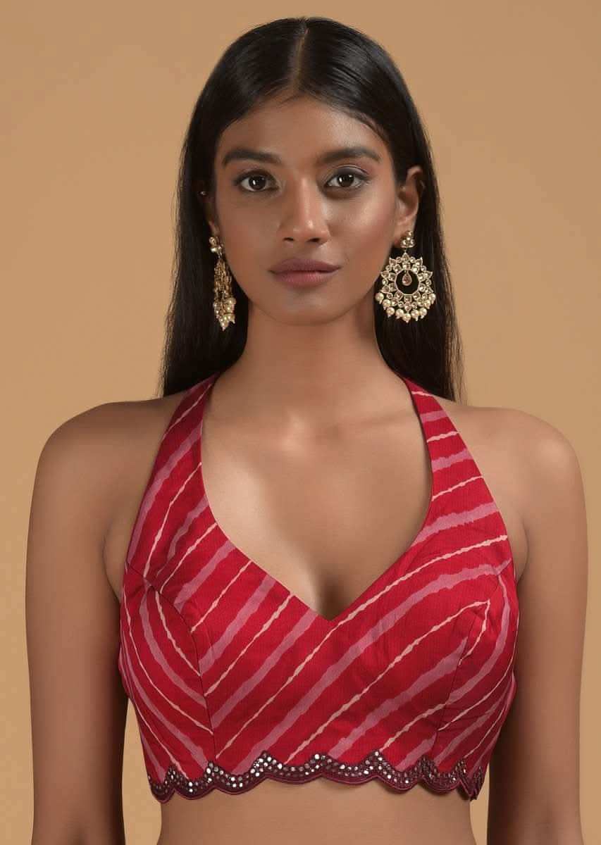 Cherry Red Saree In Silk With Bandhani Printed Jaal And Abla Embellished Scallop Border