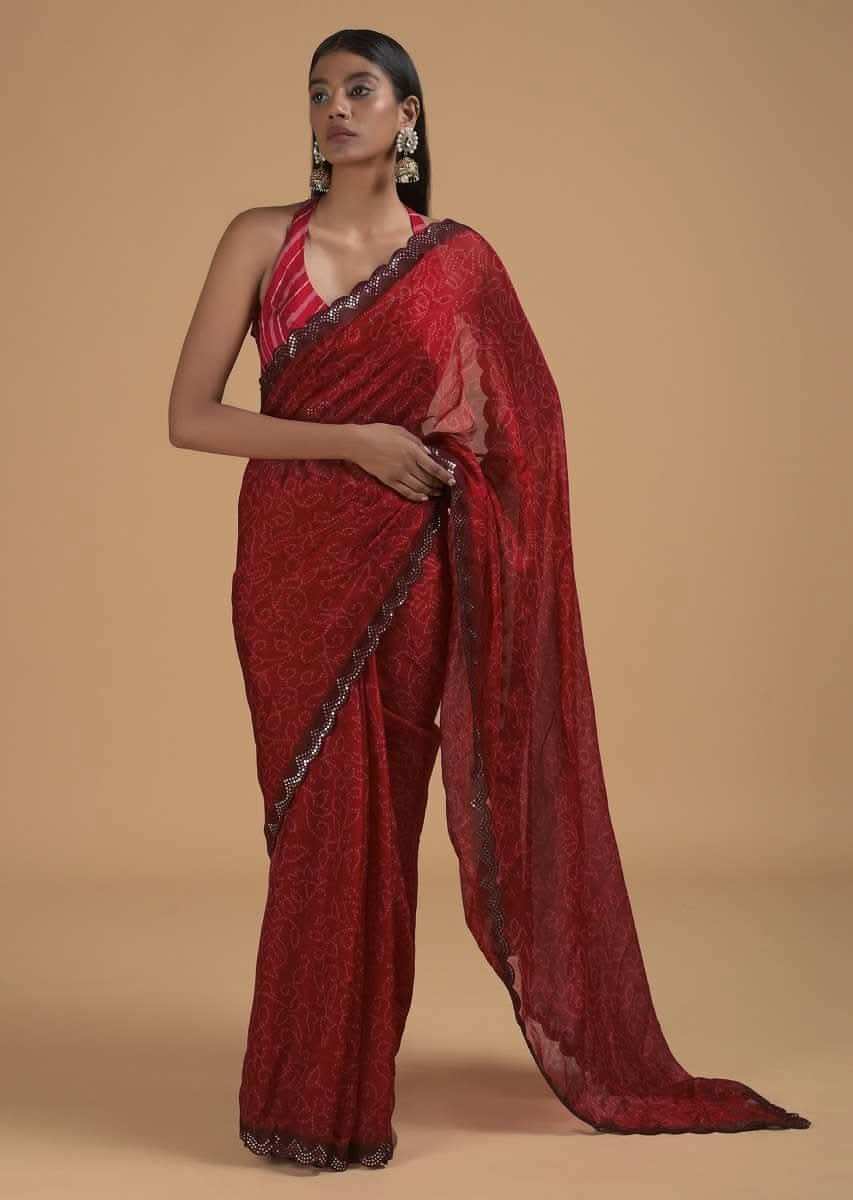 Cherry Red Saree In Silk With Bandhani Printed Jaal And Abla Embellished Scallop Border